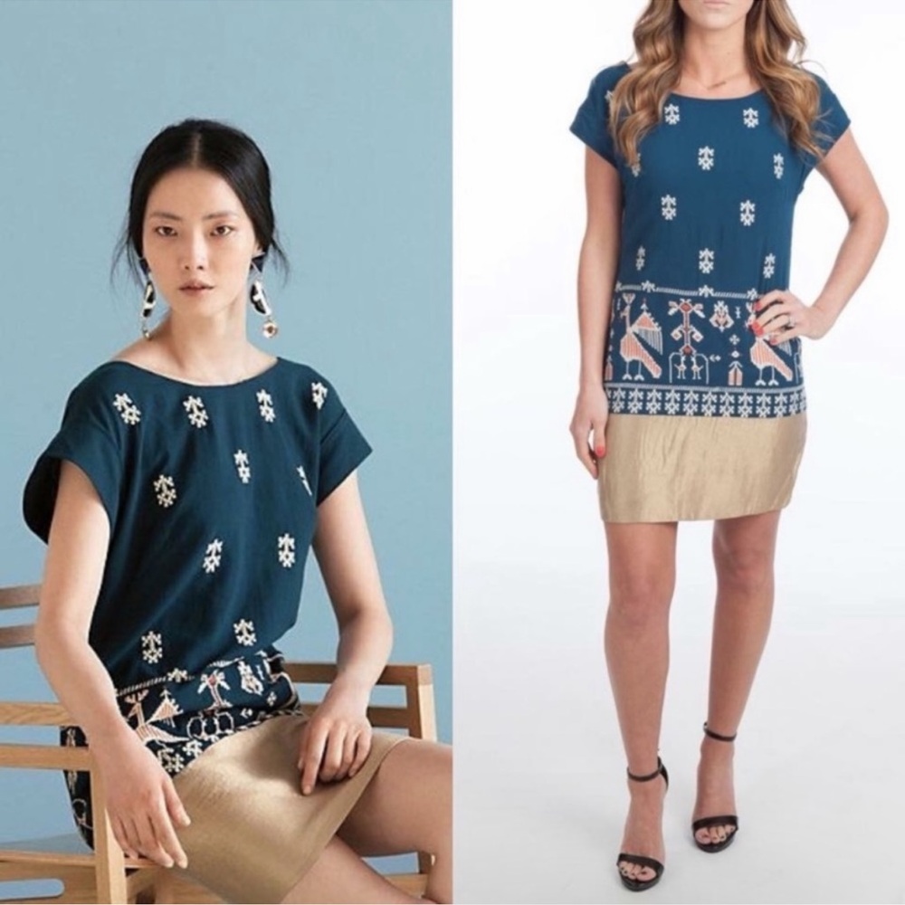 Anthropologie Floreat Avian Myth Tribal Aztec embroidered Metallic Shift Dress